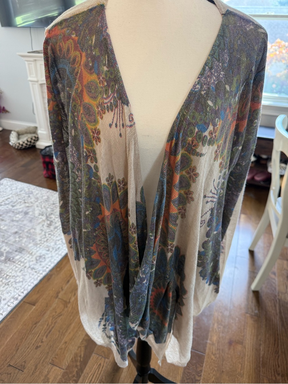 Desigual Light Cardigan in Cream with Blue, Green and Orange Accents Size Small